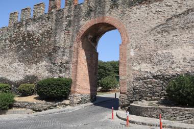 The main gate (Portara) of the Byzantine Wall of Thessaloniki in the area of Agioi Anargyri in the Upper City. View from the southeast