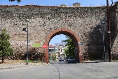 The Great Gate of the Byzantine Wall of Thessaloniki on Acropolis Street in the Upper Town of Thessaloniki. View from the south