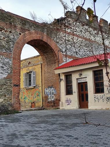 The Old Gate of the Byzantine Wall of Thessaloniki on Palamidou Street in the Upper City of Thessaloniki. View from the northeast