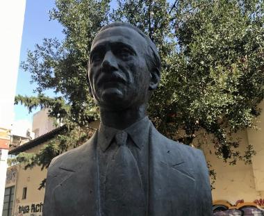 The bust of Alexandros Delmouzos outside the Experimental School of Thessaloniki