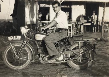 Nikos Staphylidis on a motorbike of the era, Nea Zoi Attica, 1949