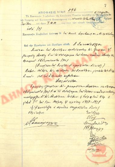 Αρ. Απόφασης 296 της Κοινότητας Ρυσίου Θεσσαλονίκης, την 23η Νοεμβρίου του 1937