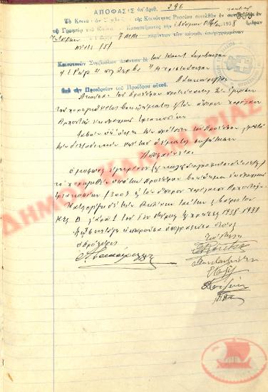 Αρ. Απόφασης 296 της Κοινότητας Ρυσίου Θεσσαλονίκης, τη 7η Δεκεμβρίου του 1938