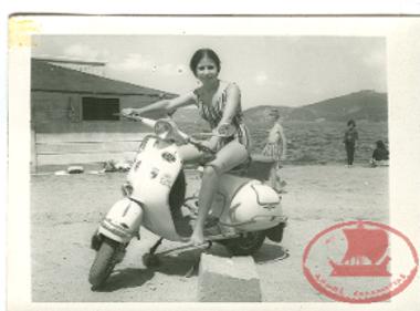 Maria Triantafyllidou on a Vespa during the summer holidays in the Therapeia Bosphorus