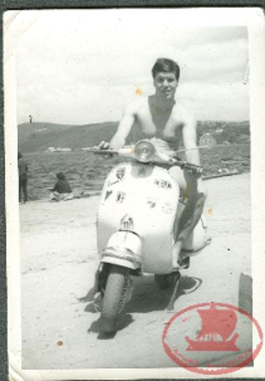 Maria Triantafyllidou's husband, Eleftherios Kantzalidis, on a Vespa during the summer holidays in Therapeia Bosporus