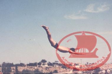 Katirli, 1957. Theodoros Avgidis diving from the mast of a fishing boat