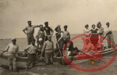 People from Aretsou with their wives rowing in the Sia boat on the beach of Varna