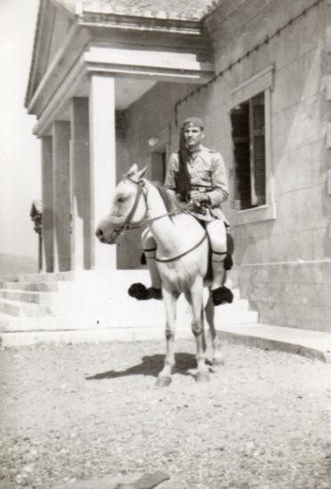 Nikitas Karavasileiadis, an Evzone, on horseback in 1963