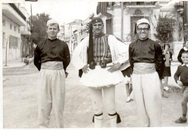 Nikitas Karavasileiadis, dressed as Tsolias, with friends in Askos, Volvi