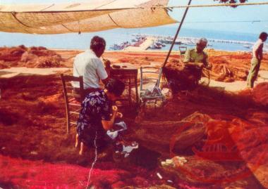 The fishermen Tsaousis brothers, mending their nets at the Pines of Aretsou