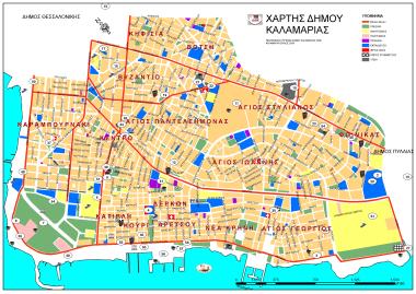 Map of Kalamaria with the districts and the main road network