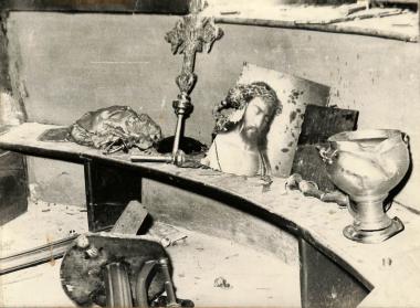 The destruction inside the Church of St. Constantine after the 1955 Pogrom