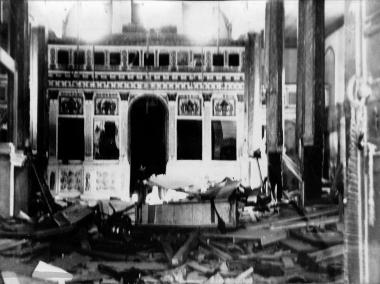 The destruction inside the Church of St. Constantine after the 1955 Pogrom