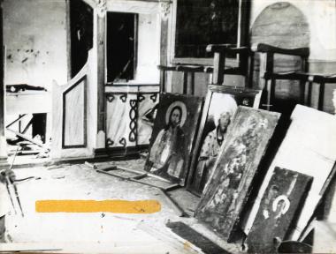 The destruction of sacred vessels and icons of the Church of Saint John in Genimahalle following the Pogrom of 1955