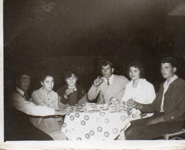 Nikitas Karavasileiadis at a table with friends in Askos, Volvi