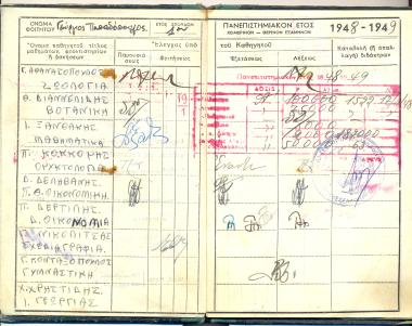 Student study book of George Papadopoulos at the Department of Agriculture of Aristotle University of Thessaloniki, featuring professors, courses, and tuition fees for the academic year 1948-49