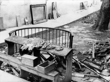 The desks of the Greek school torn to pieces in the courtyard