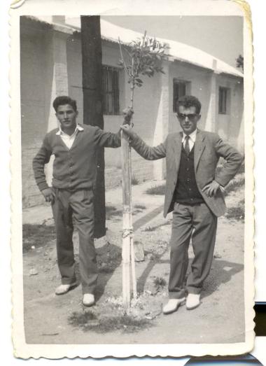 In front of a renovated allied ward of the settlement with a vaulted concrete roof, next to the club's clubhouse. Nikos Paschalidis (left) and Sotiris Karakasis.