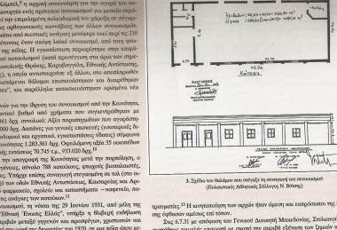Plan and façade of the synagogue of the settlement (parallel to today's Aristeidou Street) which, after the departure of the Jews, was granted by the Ministry of Social Welfare to the Exoraistic and Cultural Association of Admiral Votsi (1945)