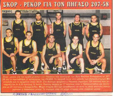Η ομάδα μπάσκετ του Πήγασου με το πανελλήνιο ρεκόρ 207-58 που πέτυχε εναντίον του Αγίου Νικολάου Καλαμαριάς.