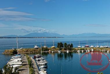 Half of the harbour of the Kalamaria Nautical Club and across the harbour in the distance the Karambourno (Great Emvolo), and beyond that the Olympus.