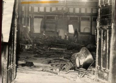 Destroyed and burnt interior of the church after the Turkish raid.
