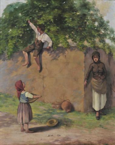 Χωρική που κυνηγάει παιδιά που κλέβουν μήλα