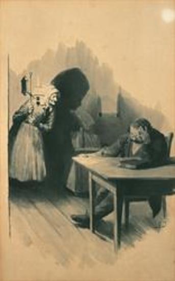 Ο κύριος Πλατέας κάθεται συλλογισμένος ενώ η γριά υπηρέτρια Φλουρού φέρνει τη λάμπα