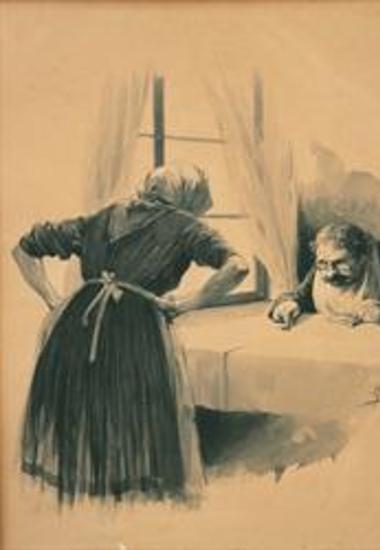 Ο κύριος Πλατέας δείχνει στη γριά υπηρέτρια Φλουρού την τρύπα στο ταπεζομάντιλο