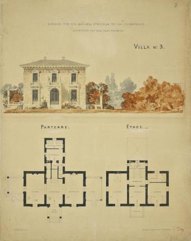 [Villa No 3] Έπαυλη Ι.Ν. Σβορώνου, Διευθυντή του Νομισματικού Μουσείου, στο [Νέο] Φάληρο. Κύρια όψη, κατόψεις ισογείου, ορόφου