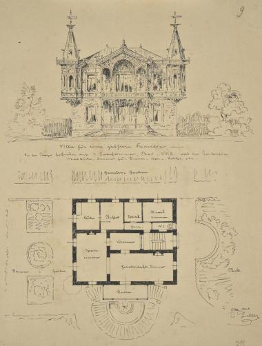 Εξοχική κατοικία για τη συνοικία Ε. Τσίλλερ. Τύπος έπαυλης για μια σχετικά μεγάλη οικογένεια. Κύρια όψη, κάτοψη ορόφου και κήπου