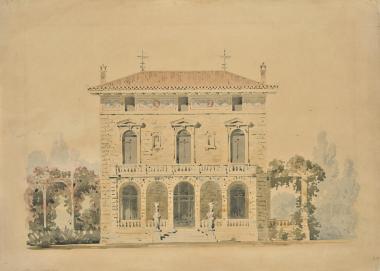 Έπαυλη άγνωστου ιδιοκτήτη με βεράντα και πέργκολες, κύρια όψη