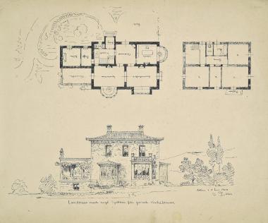 Εξοχική κατοικία αγγλικού τύπου για ελληνικές συνθήκες [cottage]  Κύρια όψη, κατόψεις