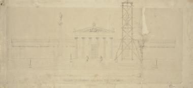Ακαδημία των Επιστημών, Σιναία Ακαδημία. Κύρια όψη με ένδειξη του ικριώματος για την τοποθέτηση του αγάλματος του Απόλλωνα του Λεωνίδα Δρόση (1882)