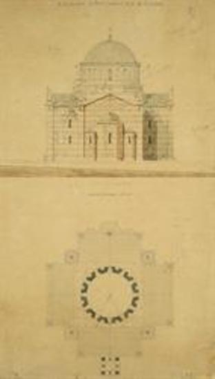 Ναός Μεταμόρφωσης του Σωτήρα ή Αγία Σωτήρα, Βίλλια. Ανατολική όψη, εκδοχή με τρεις κόγχες, κάτοψη στη στάθμη του τρούλου και του κωδωνοστασίου