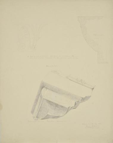 Σίμη του ναού της Νίκης (άνω) και θραύσμα από κιονόκρανο προπύλου των Προπυλαίων (κάτω)