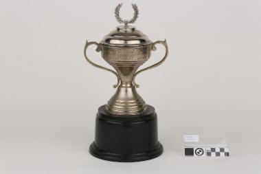 Μεταλλικό κύπελλο το οποίο στηρίζεται σε βάση μαύρου χρώματος