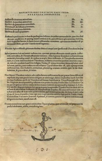 Habentur hoc volumine haec Theodoro Gaza interprete... De natura animalium... de partibus animalium... de generatione animalium. Theophrasti de historia plantarum... de causis plantarum... Alexandri Aprhodisiensis problemata...