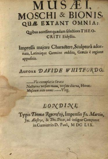 quae extant omnia... selectiora Theocriti Eidyllia... Autore Davide Whitfordo...