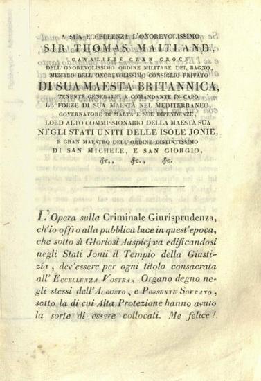 Paolo Gentilini, Dissertazioni intorno alla Giurisprudenza criminale, Stamperia del Governo, Κέρκυρα 1819.