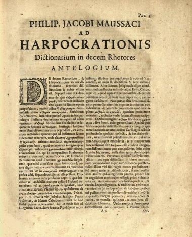 Ἁρποκρατίων. Ἁρποκρατίωνος Λεξικὸν τῶν Δέκα Ρητόρων... Nicolaus Blancardus... Philippi Jacobi Maussaci Notae... Henrici Valesii Notae..., Λέιντεν, J.A. Gelder. J.A. de la Font, 1683.