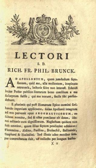 Ἀπολλώνιος ὁ Ρόδιος. Apollonii Rhodii Argonautica... emendate edidit Rich. Fr. Phil. Brunk..., Στρασβοῦργο, Johann Geoffroy Bauer et Johann-George Treuttel, 21 Αὐγούστου, 1780.