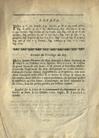 Καλλίμαχος. Καλλιμάχου Κυρηναίου Ὕμνοι, Ἐπιγράμματα καὶ ἄλλα ἄττα..., Παρίσι, Sebastianus Mabre-Cramoisy, 1675.