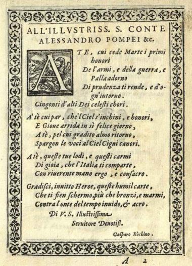 Alessandro Pompei. Applauso de le Muse nel felice ritorno di Candia..., Βερόνα, per il Discepolo, 1593.