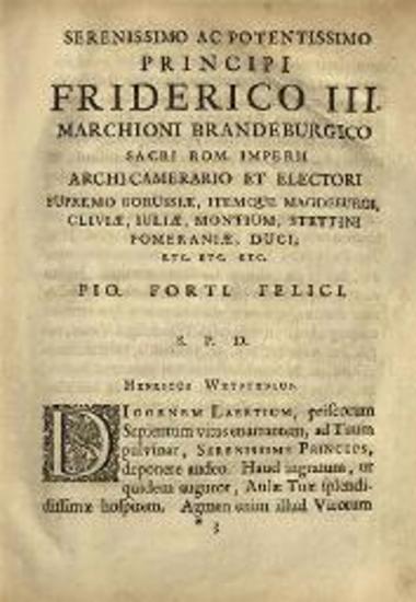 Διογένης Λαέρτιος. De Vitis, Dogmatibus et Apophtegmatibus Clarorum Philosophorum, Ἄμστερνταμ, Henricus Wetsteninus, 1698.
