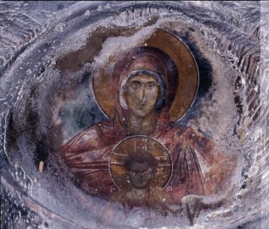 Άγιος Δημήτριος Κατσούρη. Η Πλατυτέρα, τοιχογραφία στην κόγχη της αψίδας.