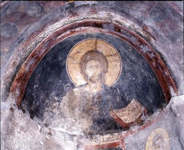 Άγιος Δημήτριος Κατσούρη. Χριστός, τοιχογραφία στην κόγχη του Διακονικού.