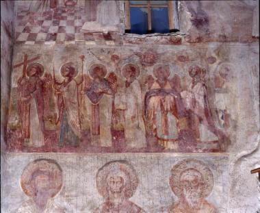 Άγιος Βασίλειος. Αγγελική λειτουργία, τοιχογραφία στο Ιερό.