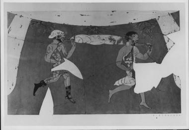 Πήλινο αγγείο. Λεπτομέρεια. Δύο άνδρες που μεταφέρουν οβελία(;)