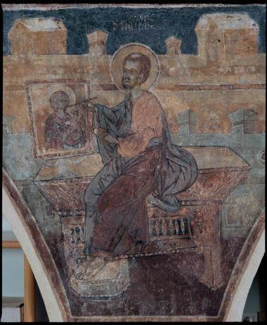 Ο ευαγγελιστής Λουκάς ζωγραφίζει την εικόνα της Θεοτόκου. Αποτοιχισμένη τοιχογραφία από τον κατεδαφισμένο ναό της Αγίας Βαρβάρας.